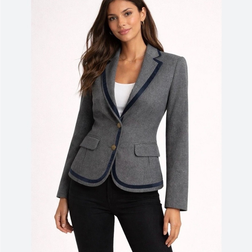 Ann Taylor Loft Wool Blend Blazer 10 Gray Navy Velvet Trim Equestrian Jacket